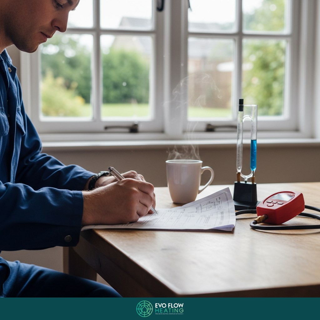 Heating engineer working through a boiler pressure loss diagnostic at a Kent kitchen table