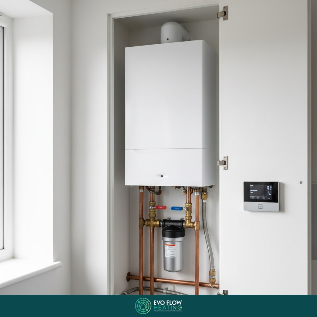 New wall-mounted combi boiler with modulating controls in a Kent kitchen utility cupboard