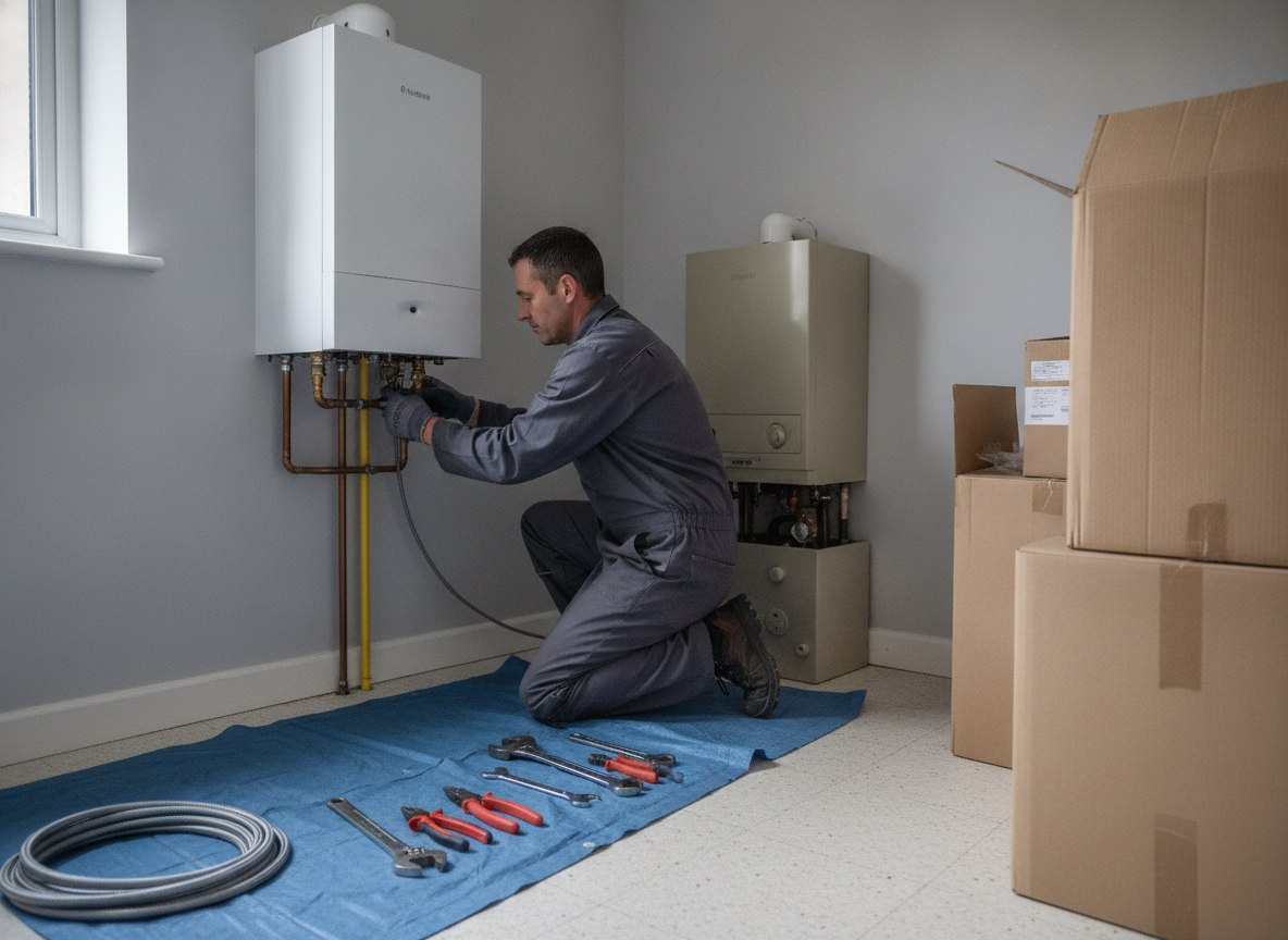 Heating engineer completing a new boiler installation in a Kent home