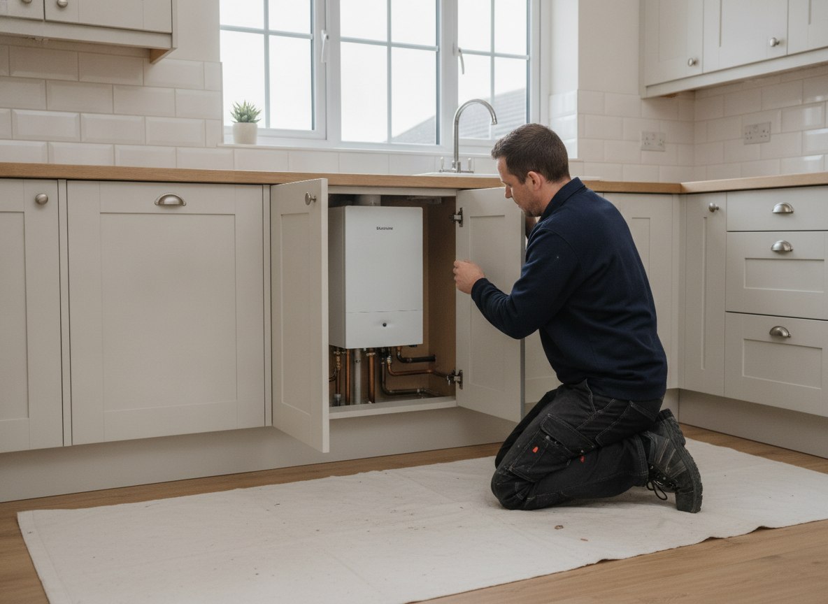 Combi boiler being installed in a Kent kitchen during a like-for-like replacement