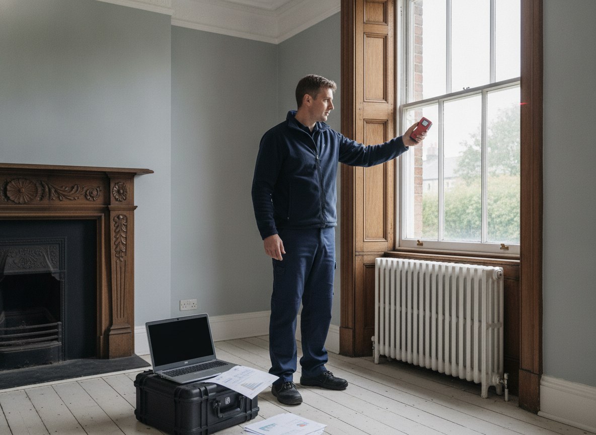 Engineer running a room-by-room heat loss survey to compare boiler and heat pump options in Kent