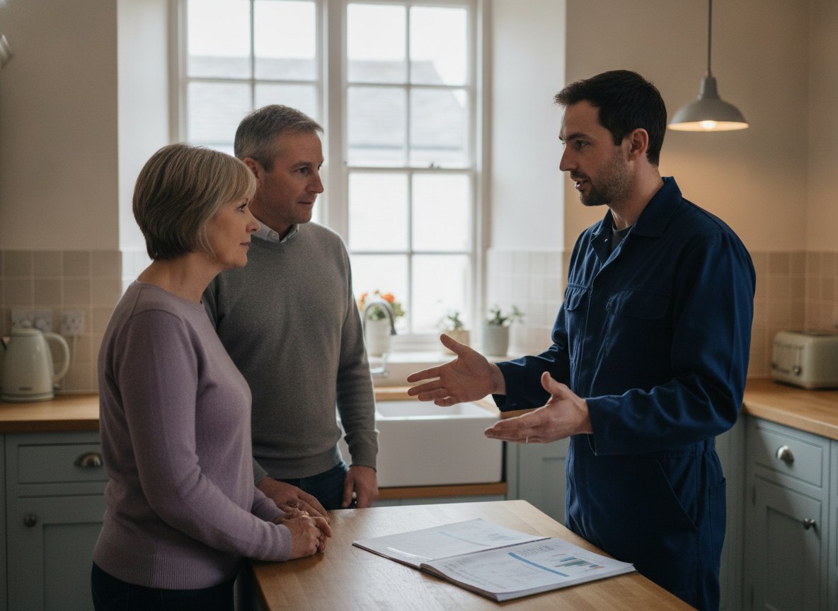 Heating engineer giving a Kent homeowner honest advice on boiler versus heat pump