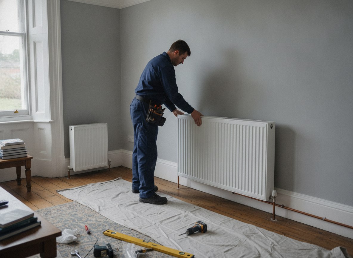 Larger radiator fitted to run at heat pump flow temperatures in a Kent home