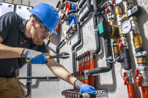 The technician checking the heating system in the boiler room. Adjusting heating valves in a residential building. A plumbing and heating technician works.