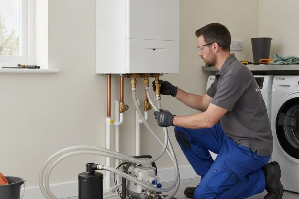 Heating engineer flushing a boiler and pipe system in a Tonbridge residential property