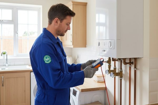 Gas Safe engineer servicing a wall-mounted gas boiler in a Tonbridge home