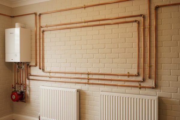 Neatly installed copper pipework and radiator connections by a Tonbridge heating engineer