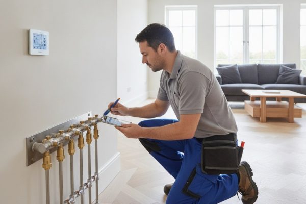Heating engineer commissioning and balancing an underfloor heating system in a Tonbridge new build