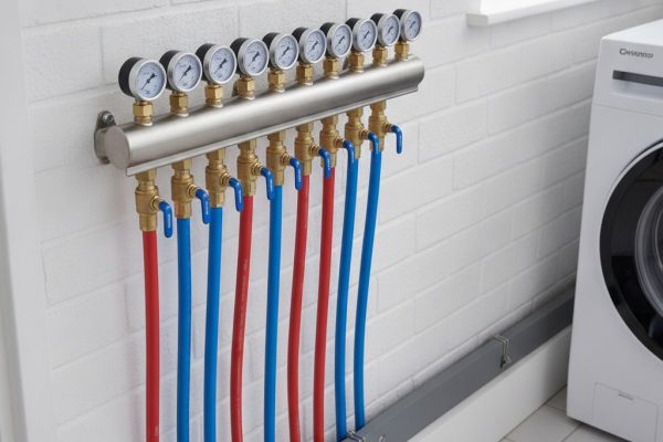 Warm water underfloor heating manifold with multiple circuit connections installed in a Tonbridge home